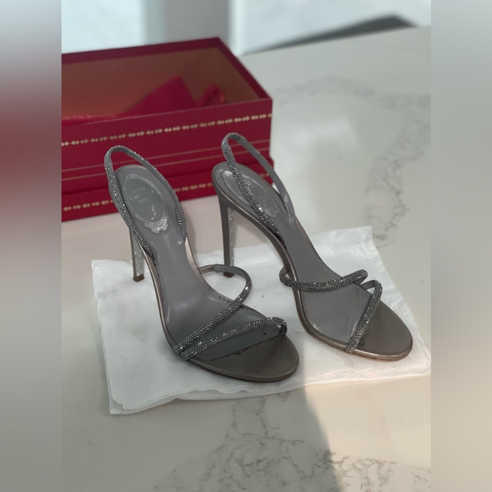 Rene Caovilla Irina Ash Grey Satin / Light Chrome Heel Pump 38.5